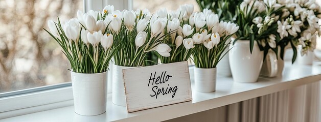 Canvas Print - Delicate spring flowers in vases brighten a white shelf, with a cozy framed message welcoming the new season of spring