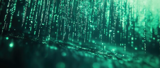 Endless streams of neon green Matrix code rain, cascading down a dark futuristic background, digital data flow, cyberpunk hacking aesthetic