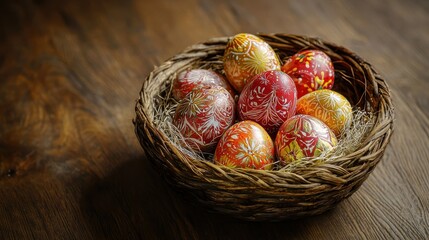 Wall Mural - Artistic Still Life of an Easter Basket with Colorful Eggs
