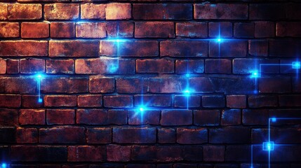 Sticker - A brick wall with glowing blue lines, illustrating the strength of cyber defense systems.