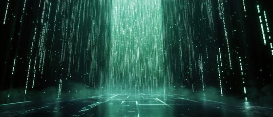Endless streams of neon green Matrix code rain, cascading down a dark futuristic background, digital data flow, cyberpunk hacking aesthetic