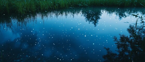 Wall Mural - Under a twinkling night sky, a calm reflective river doubles the beauty of stars, creating a serene, magical nocturnal scene.