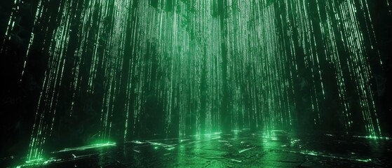 Endless streams of neon green Matrix code rain, cascading down a dark futuristic background, digital data flow, cyberpunk hacking aesthetic