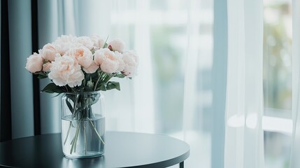 Canvas Print - Delicate pink peonies arranged in a glass vase create a serene atmosphere in a modern living room filled with natural light