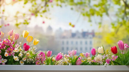 Poster - Vibrant spring flowers bloom in a sunny garden with a blurred city backdrop showcasing nature's beauty