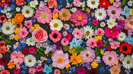 Poster - Beautiful arrangement of vibrant flowers in various colors and shapes on a dark background showcasing nature's beauty