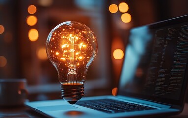 Aufkleber - A glowing light bulb hovering above a laptop, representing business innovation and technology startup, futuristic lighting, soft bokeh background, detailed textures, 8K UHD