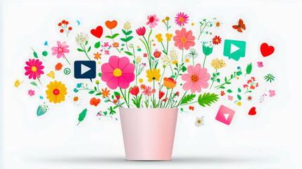 Poster - Colorful flowers bloom from a pot, surrounded by icons representing creativity and nature in a vibrant digital design