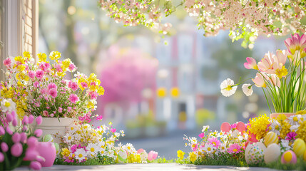 Poster - Colorful floral display welcomes spring in a vibrant city street filled with blossoms and greenery