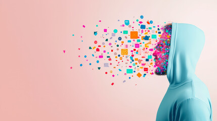 Aufkleber - Colorful abstract shapes emerge from the silhouette of a person wearing a hoodie against a pastel background
