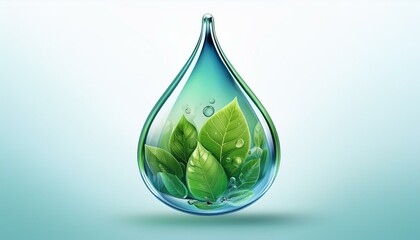 Wall Mural - Water droplet-shaped transparent design containing vibrant green leaves inside, symbolizing