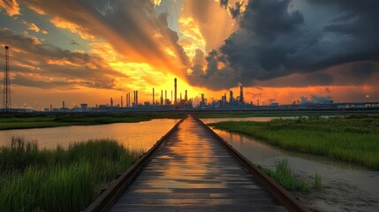 Wall Mural - Aerial view showcasing a bridge connecting to a factory, illuminated by a vibrant sunset backdrop, highlighting industrial and natural elements.