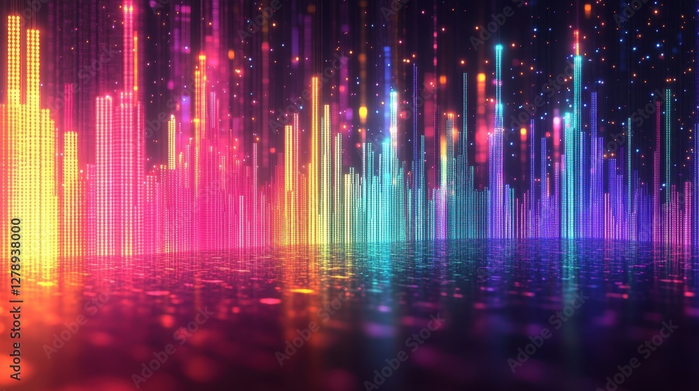 Vibrant Digital Sound Waves Reflecting on a Smooth Surface in a Colorful Display of Light and Motion