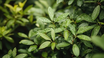 Poster - A detailed close-up of a plant showcasing vibrant green leaves adorned with glistening water droplets, highlighting nature's beauty and freshness.