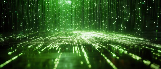 Endless streams of neon green Matrix code rain, cascading down a dark futuristic background, digital data flow, cyberpunk hacking aesthetic