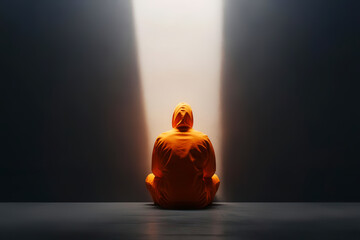a person wearing an orange outfit sits against an orange wall, reflecting somber emotions in a minim