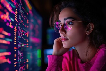 focused female programmer at work: coding and innovation in tech industry