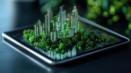 Aufkleber - A tablet screen shows a city with buildings and trees
