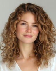 Wall Mural - Joyful Young Woman with Natural Curly Hair Expressing Genuine Happiness and Confidence in Contemporary Studio Portrait