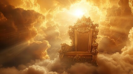 Wall Mural - Majestic Golden Throne Floating Among Ethereal Clouds in Heavenly Realm with Divine Light Rays and Mystical Atmosphere