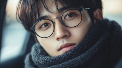 Wall Mural - A close-up portrait of a young asian man. They are wearing black, thick-framed glasses that sit slightly low on their nose. They have a soft black scarf wrapped snugly around their neck