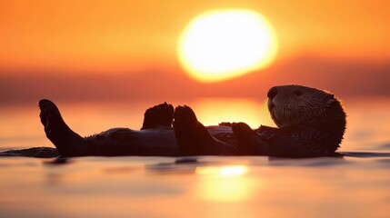 Wall Mural - Sea Otter Silhouetted Against a Sunset Ocean