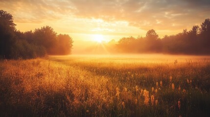 Wall Mural - Serene Countryside Meadow Bathed in Golden Sunrise Light with Morning Mist Creating Dreamy Natural Landscape