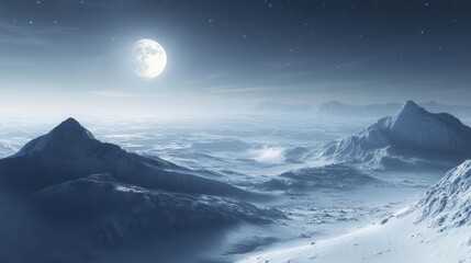 Wall Mural - Serene Winter Night Landscape Illuminated by Soft Moonlight and Twinkling Stars Over a Snow-Covered Scenic Terrain in a Tranquil Atmosphere