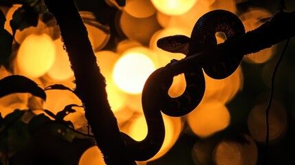 Wall Mural - Silhouetted Snake Coiled On A Branch At Sunset