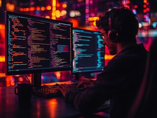 Coder nighttime coding city
