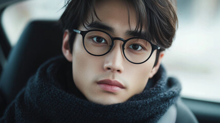 Wall Mural - A close-up portrait of a young asian man. They are wearing black, thick-framed glasses that sit slightly low on their nose. A soft black scarf is wrapped snugly around their neck