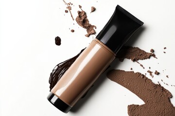 Poster - Foundation tube and makeup swatch on a clean surface showcasing beauty products and their textures for cosmetic lovers