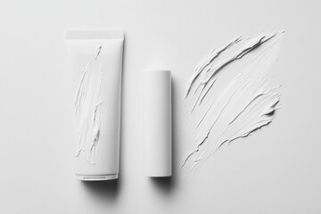 Poster - Minimalist skincare products arranged on a light surface with cream spread for an aesthetic display