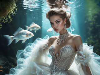 Wall Mural - romantic dreamy ethereal woman pisces with fish under water, astrology and zodiac women concept