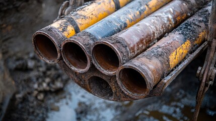 Sticker - Close-up of an excavator bucket holding pipes ready for installation at a construction site