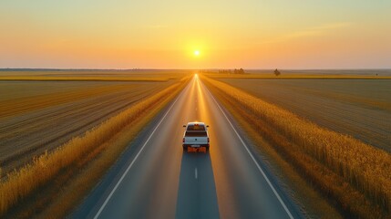 Wall Mural - A rugged truck navigates a winding road, silhouetted against a vibrant sunset, showcasing the beauty of nature and adventure.