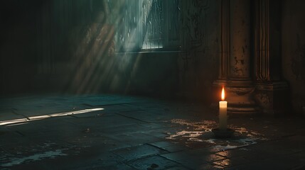 Wall Mural - a candle with a faint, soft glow against the dark shadows of a room.