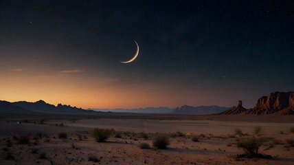 Wall Mural - A glowing crescent moon over a desert landscape with a peaceful