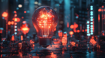 Wall Mural - illuminated light bulb with intricate circuitry in a futuristic cityscape background
