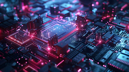 Wall Mural - close-up view of a vibrant circuit board with glowing components and neon lights