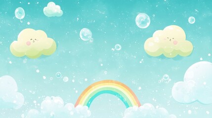 Poster - Cute Cartoon Clouds and Rainbow with Bubbles on a Blue Sky Background