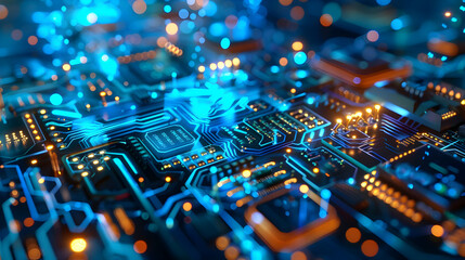 Wall Mural - close-up view of a vibrant, illuminated circuit board showcasing intricate details