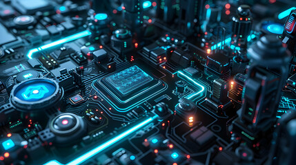 Wall Mural - futuristic circuit board with glowing elements and intricate details in a tech landscape