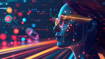 Wall Mural - futuristic woman with digital interface and glowing elements in a tech-inspired background
