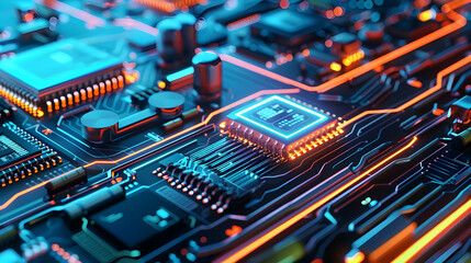 Wall Mural - close-up view of a vibrant circuit board with glowing components and intricate details