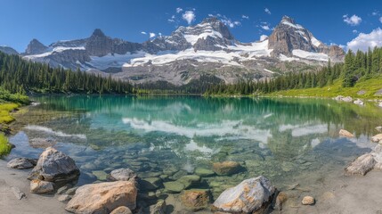 Wall Mural - A serene lake features scattered rocks amidst clear water, creating a tranquil natural landscape that captivates the viewer's attention.