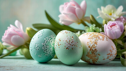 Poster - Pastel Easter Eggs and Tulip Flowers on a Light Green Textured Surface