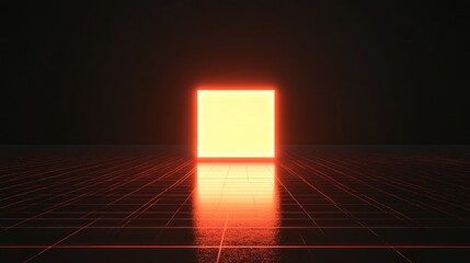 Wall Mural - glowing orange square in dark room reflecting on grid floor.