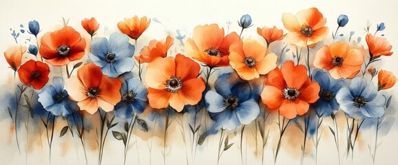 Wall Mural - Watercolor Painting of Orange and Blue Poppies