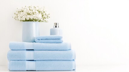 A serene bathroom scene with a stack of soft blue towels, a vase of white flowers, and a touch of elegance. Perfect for a relaxing morning routine or a tranquil spa day.